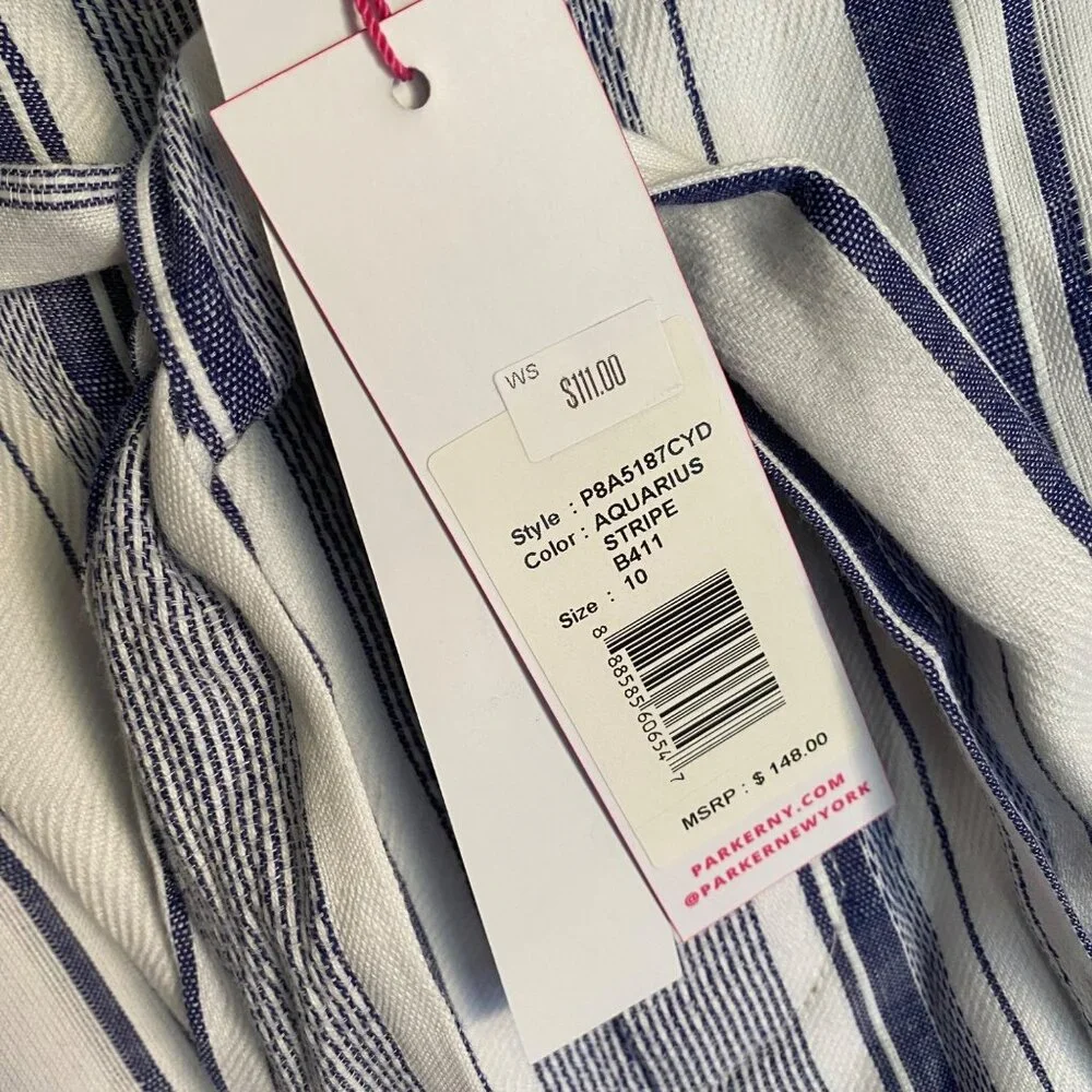 New size 10 Parker Kirby Aquarius shorts blue/white striped tie high waist $148‎